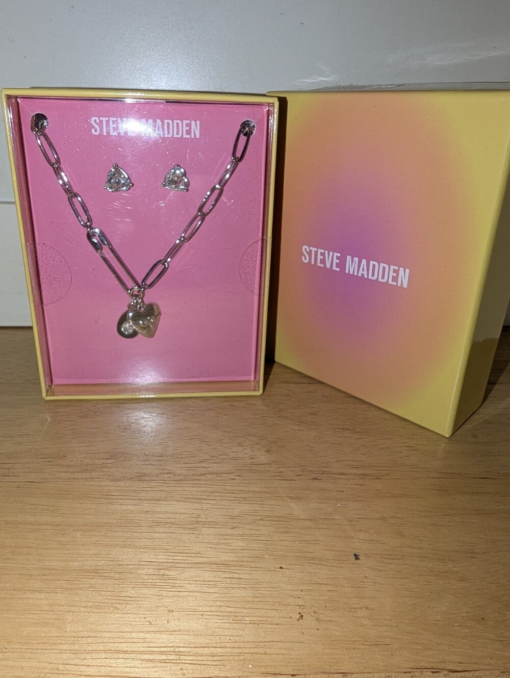 Steve Madden Silver Heart Charm Necklace and Stud Set